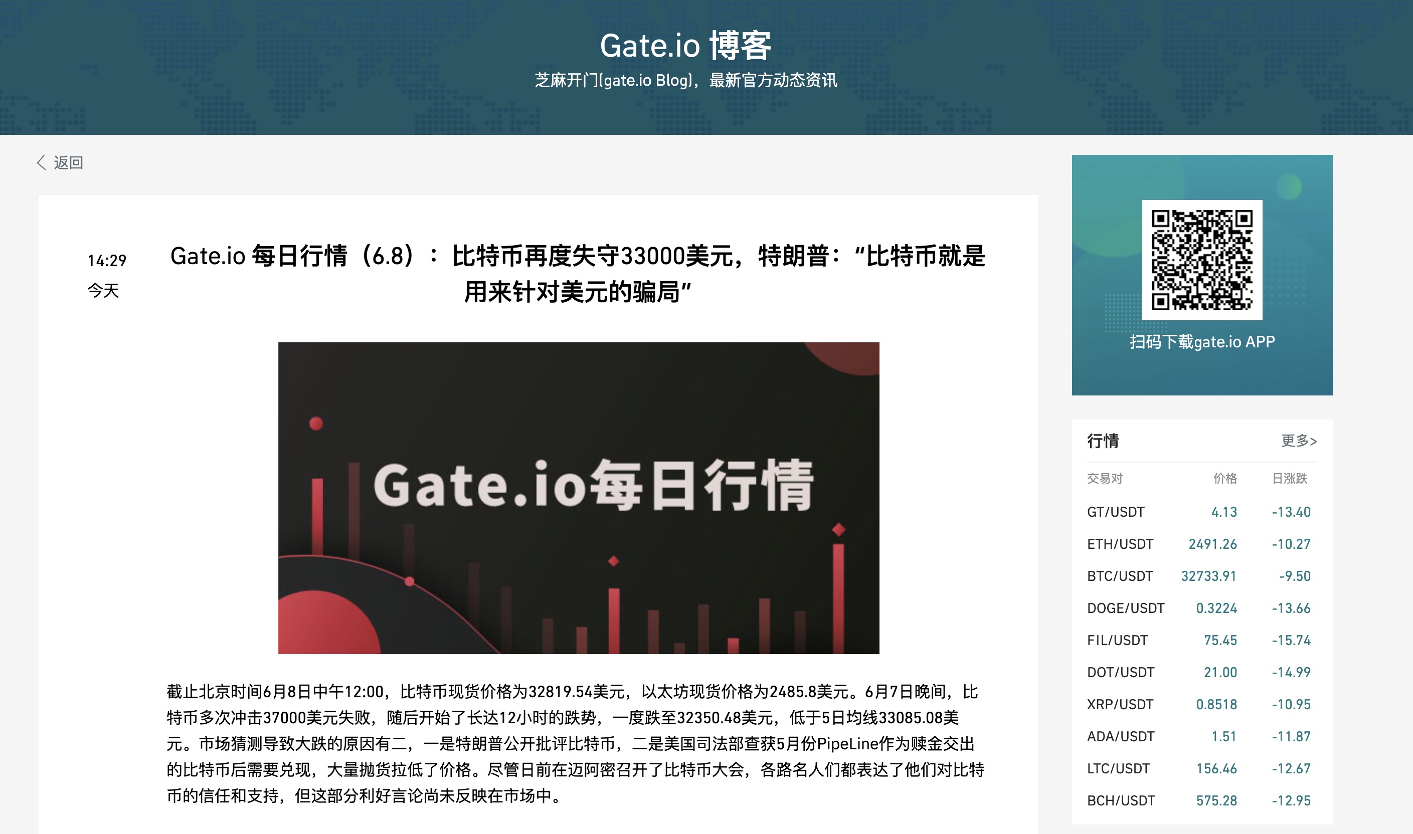 Gate.io 每日行情（6.8）：比特币再度失守33000美元，特朗普：“比特币就是用来针对美元的骗局”