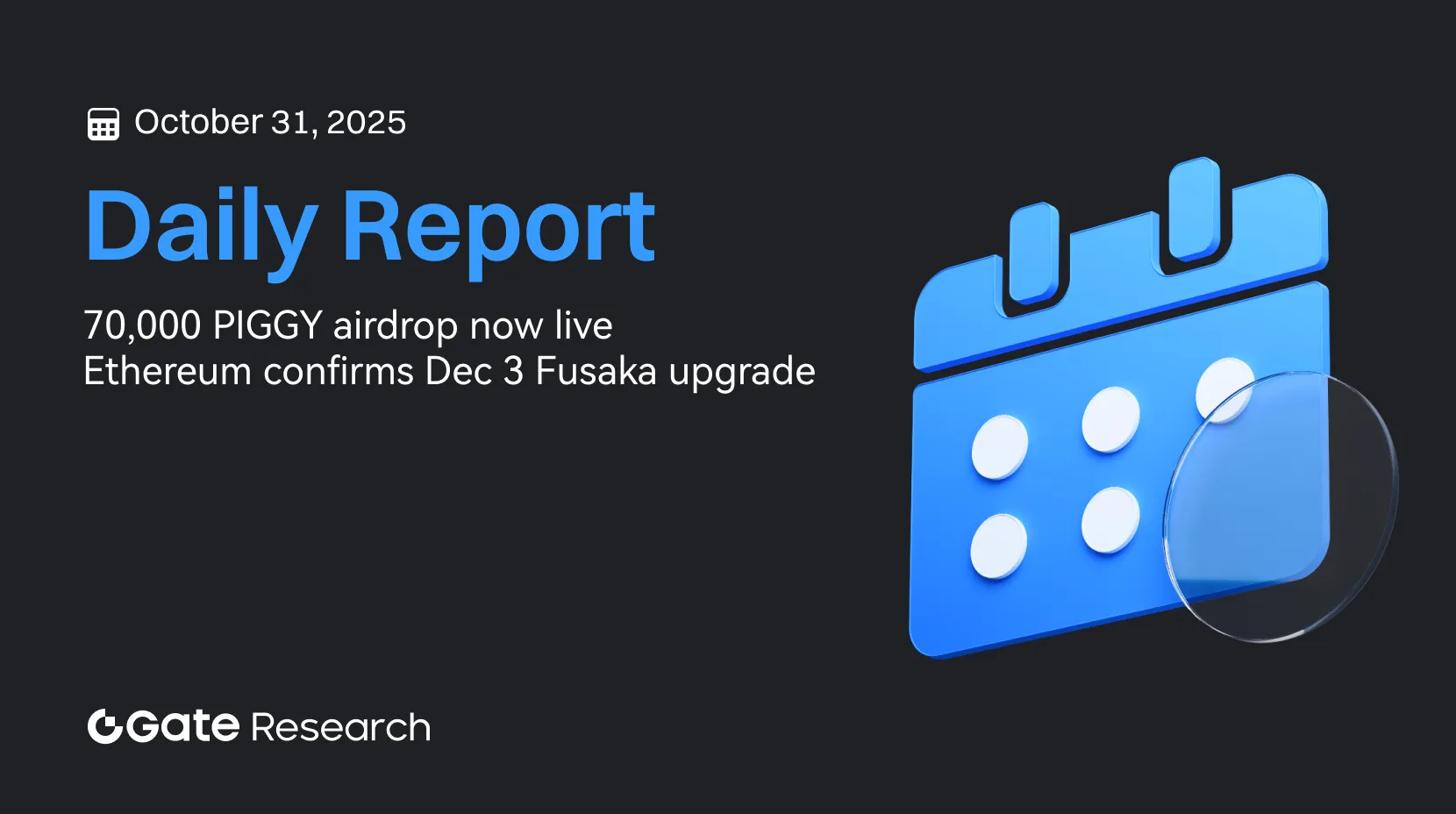 Gate Research: 70 000 PIGGY airdrop já disponível | Ethereum confirma atualização Fusaka para 3 de dezembro